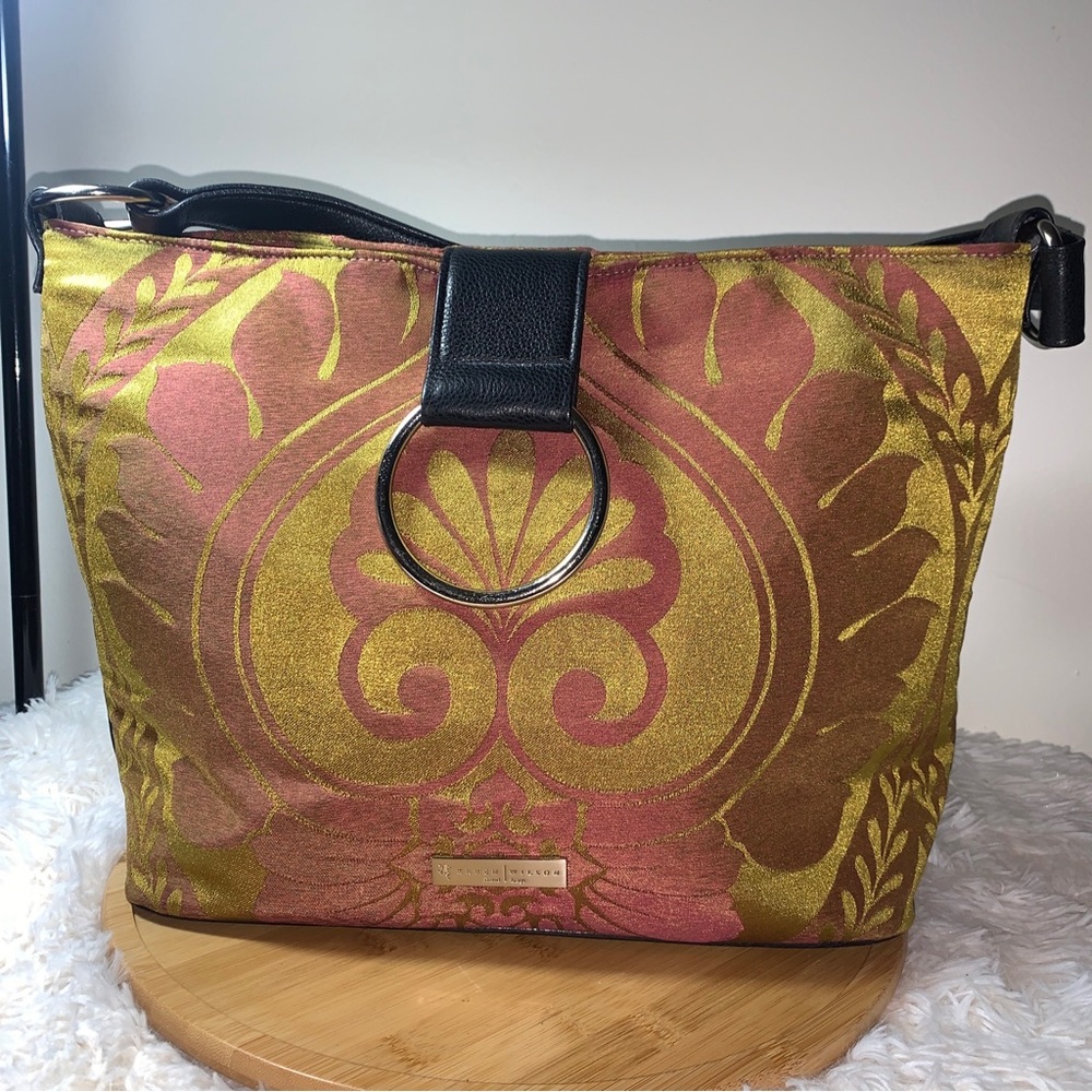 Karen Wilson Hand Bag Tapestry Black Leather Strap